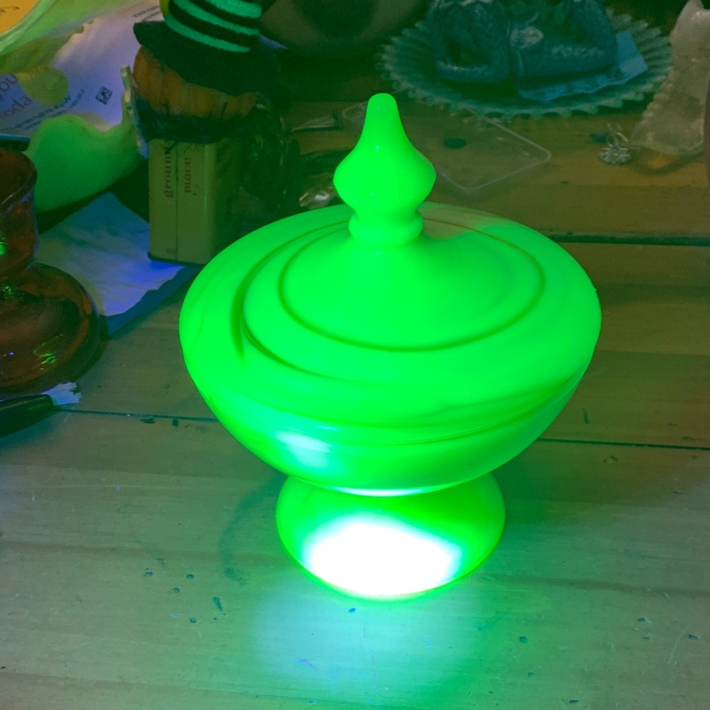 Slag Glass Covered Compote ~ GLOWS